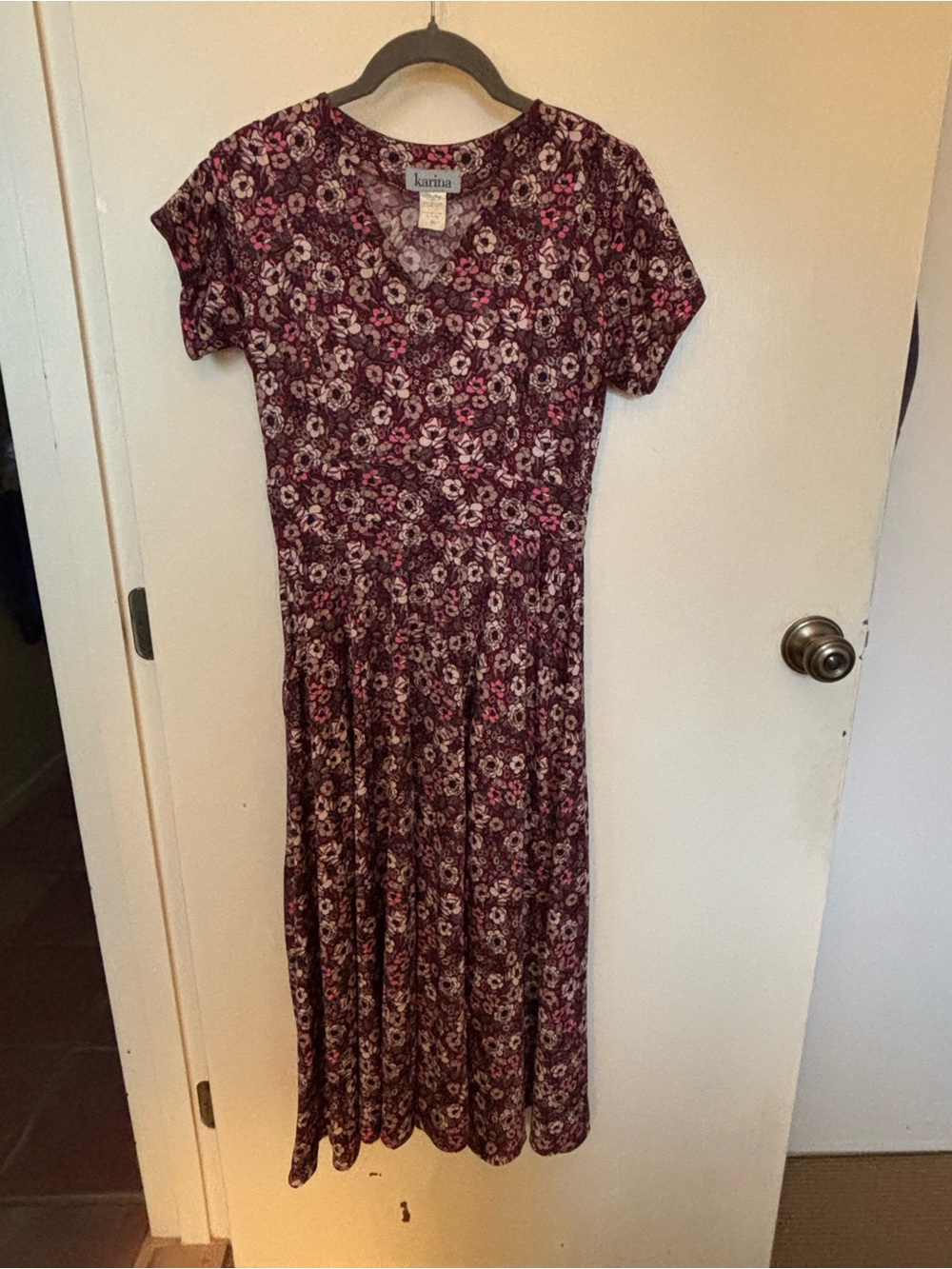 Karina Dresses Burgundy Floral V-Neck Short Sleeve Maxi Dress